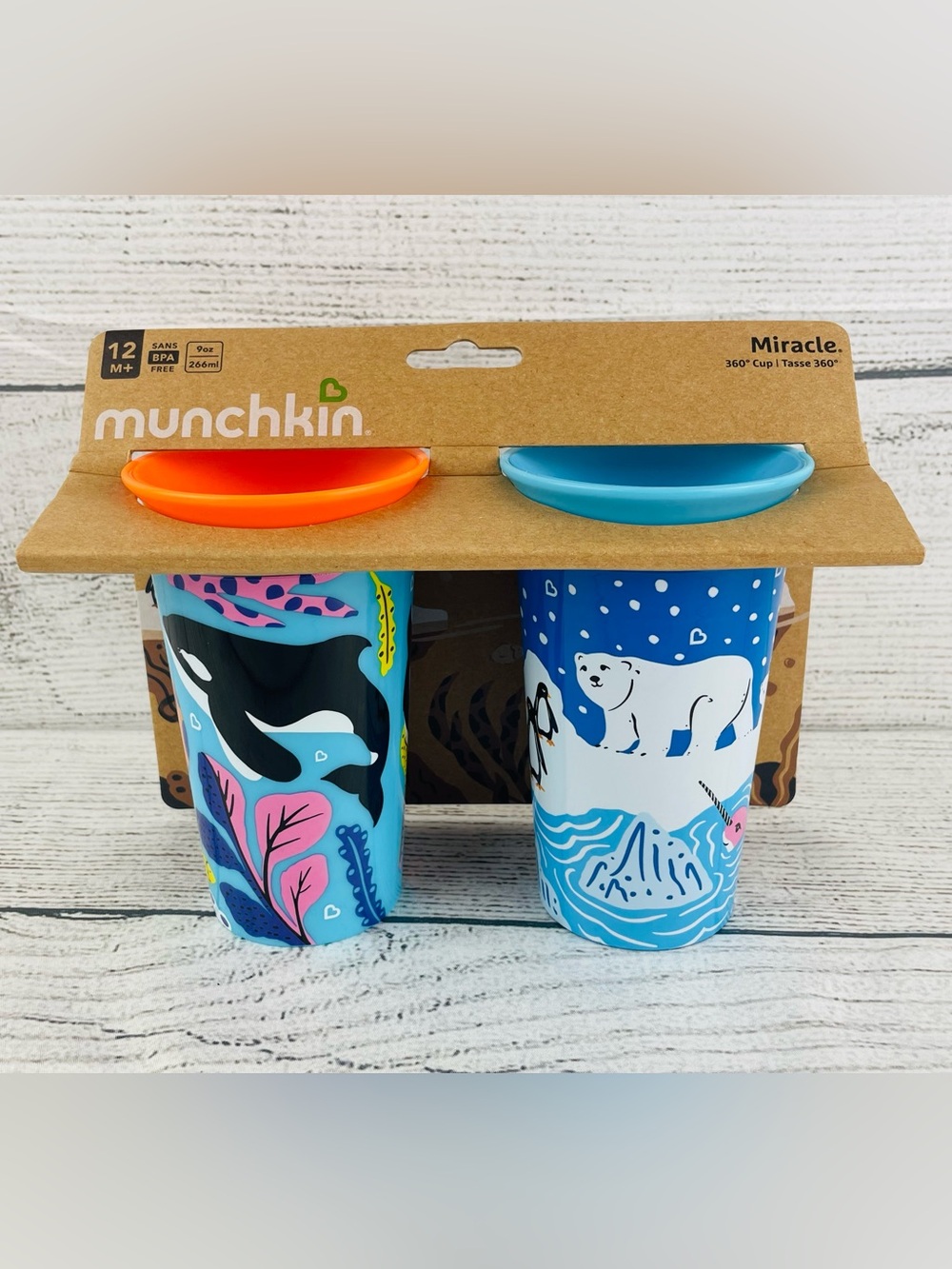 Munchkin Miracle 360 WildLove Sippy Cup, 9 Ounce 2 Pack Polar Bear/Orca NEW